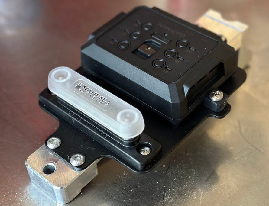 Ford super duty billet battery tie down side profile. 6061 Aluminum. Garmin PowerSwitch Mount for wiring lights. F250 F350